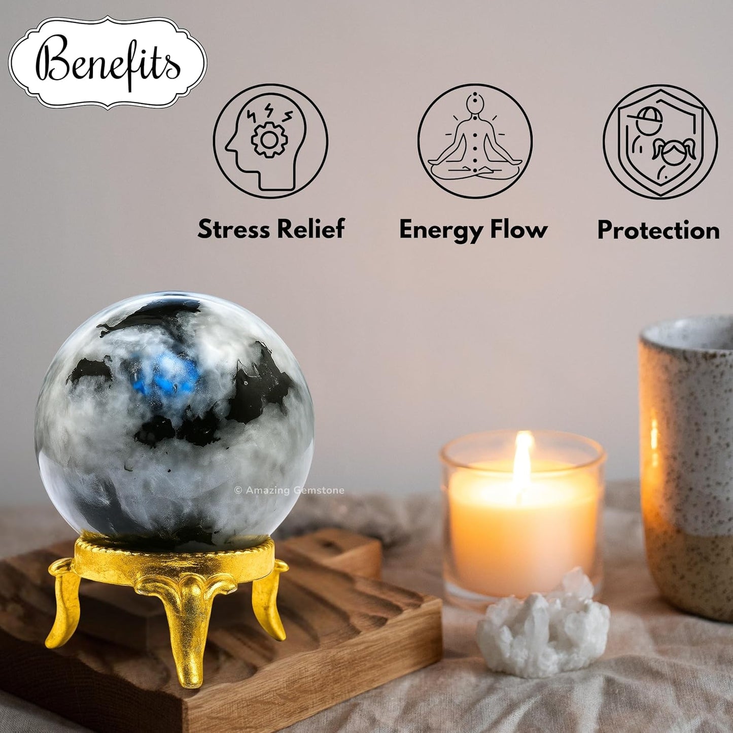 Amazing Gemstone Rainbow Moonstone Crystal Ball with Stand - 2 Inches Crystal Sphere Meditation Balls for Witchcraft and Decorative Balls