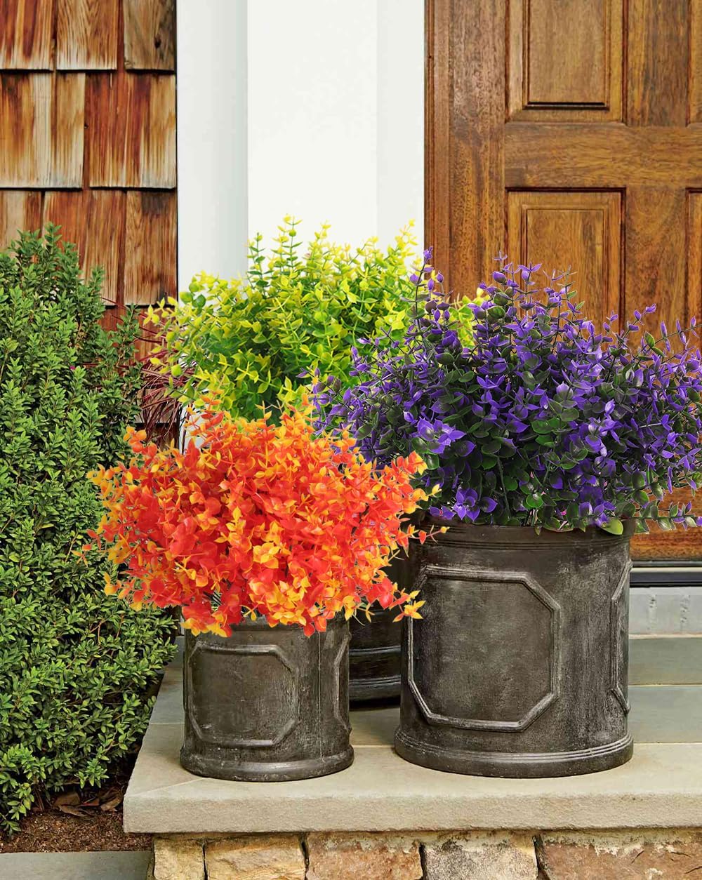 RECUTMS Artificial Fake Outdoor Plants Flowers for Spring Decoration, Faux Plastic Plants Outdoor Flower UV Resistant Realistic for Home Outside Planter Window Porch Patio Garden(Purple Eucalyptus)