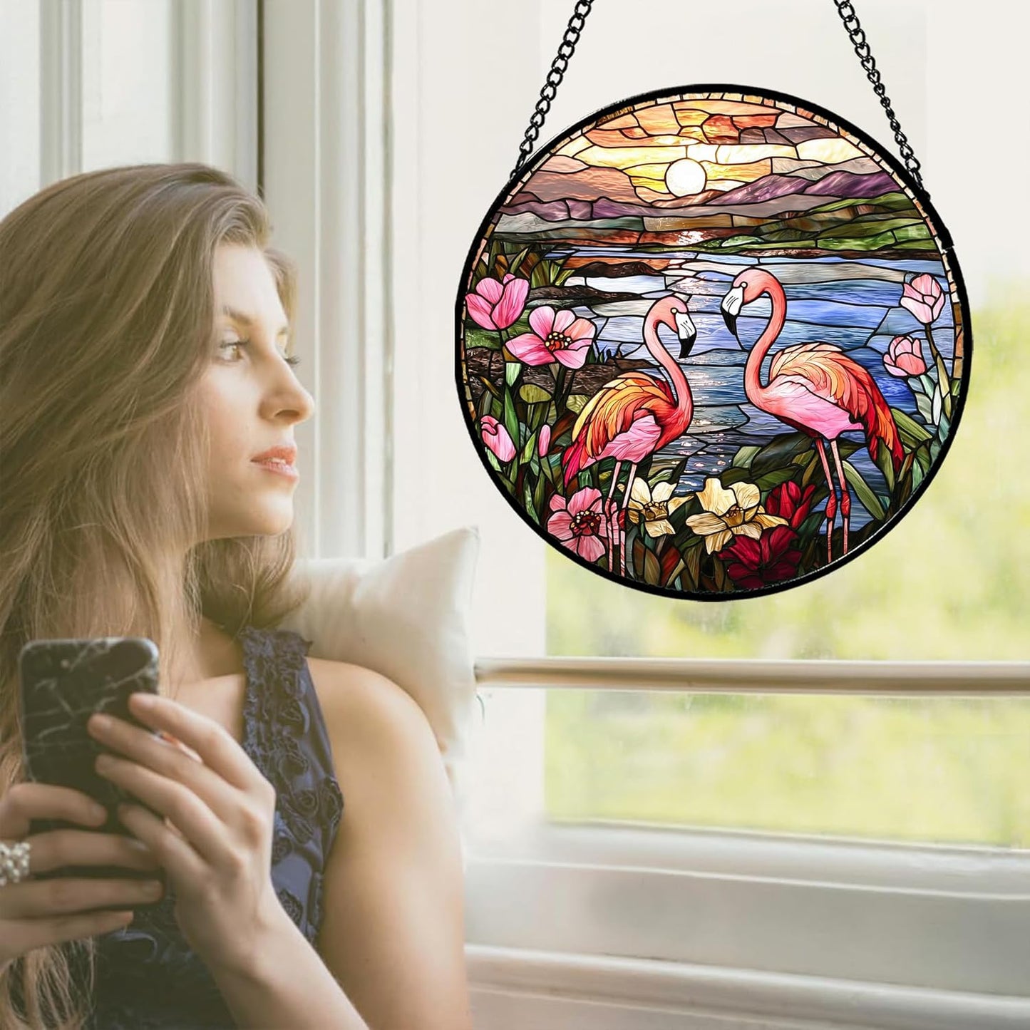Stained Glass Window Hanging - Flamingo Wildflowers Landscape Suncatcher for Door Terrace Garden Home Decor Sunset Lake Sun Catcher Birthday Gifts for Lovers Women Men Dad Mom Nana 15 in