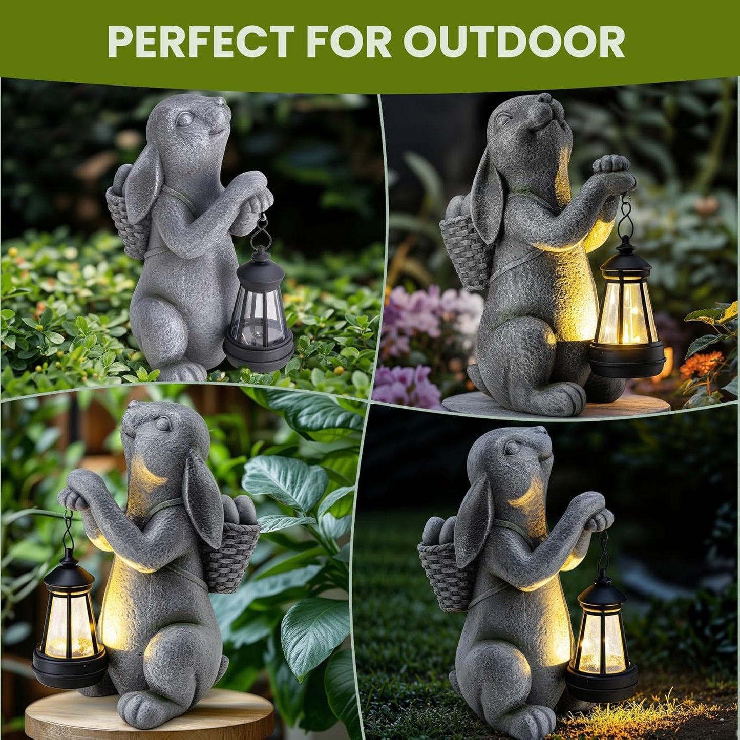 Solar Garden Outdoor Statues Rabbit with Solar Lantern,Outdoor Bunny Figurines Decorations,Lawn Decor Bunny Statue for Patio, Balcony, Yard Ornament,Unique Housewarming and Easter Gifts