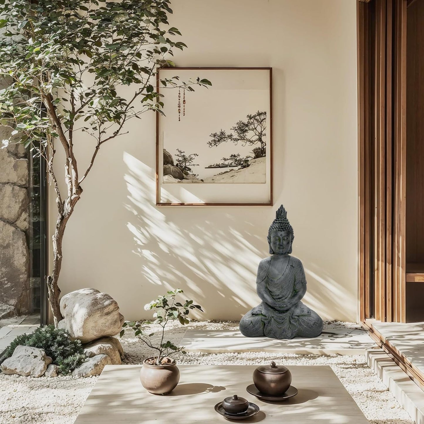 LuxenHome Large Buddha Statue Outdoor and Indoor, 22" Fiber Stone Meditating Buddhas Garden Statues Outdoor, Zen Buddha Garden Sculptures & Statues, Outdoor Statues for Patio, Backyard Deck