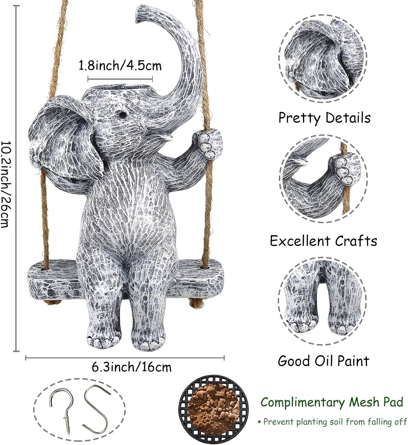Elephant Gifts for Women Cute Succulent Pots for Outdoor Plants Funny Plant Pot Garden Pot Swing Hanging Planter Elephant Sit Swing Statue with Drainage Hole