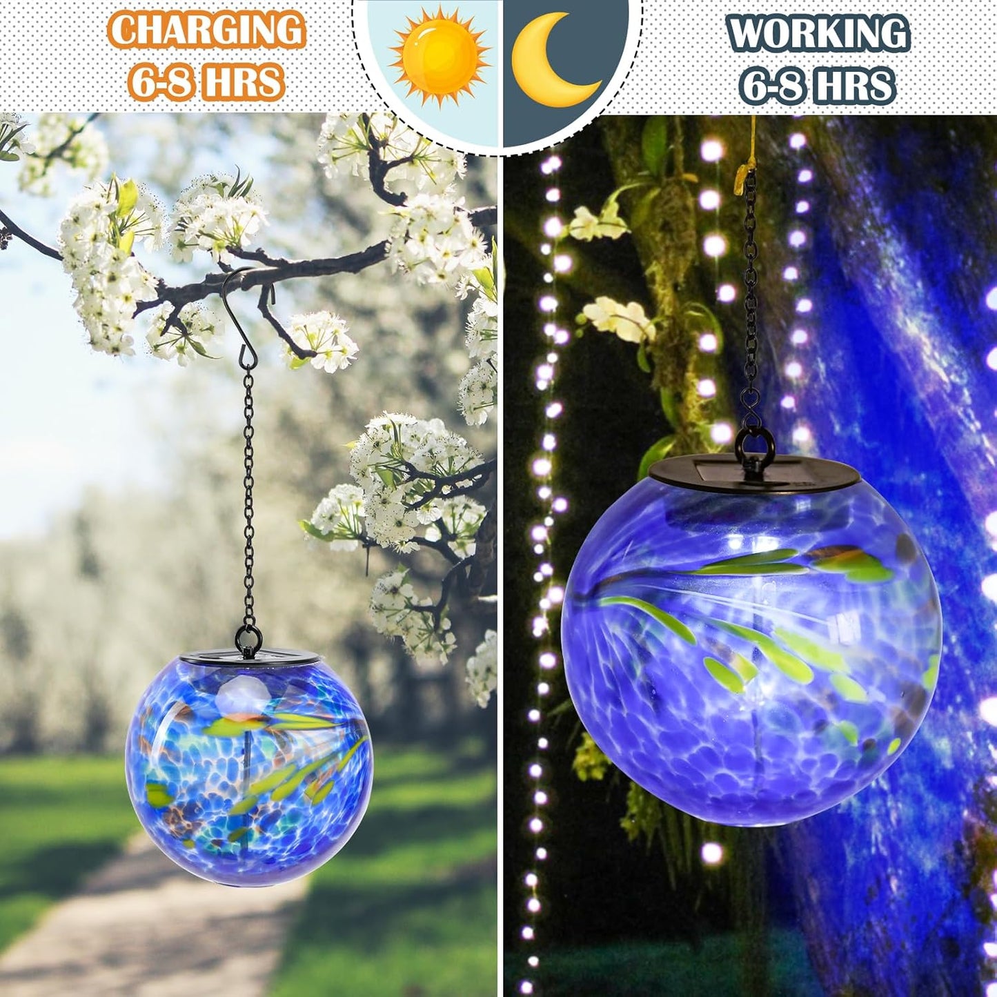 Solar Hanging Lanterns Outdoor Solar Glaze Glass Lantern Globe Hanging Outdoor Lights for Garden Yard Home Decoration Blue