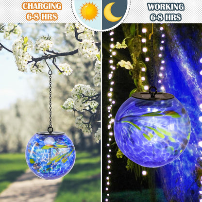 Solar Hanging Lanterns Outdoor Solar Glaze Glass Lantern Globe Hanging Outdoor Lights for Garden Yard Home Decoration Blue