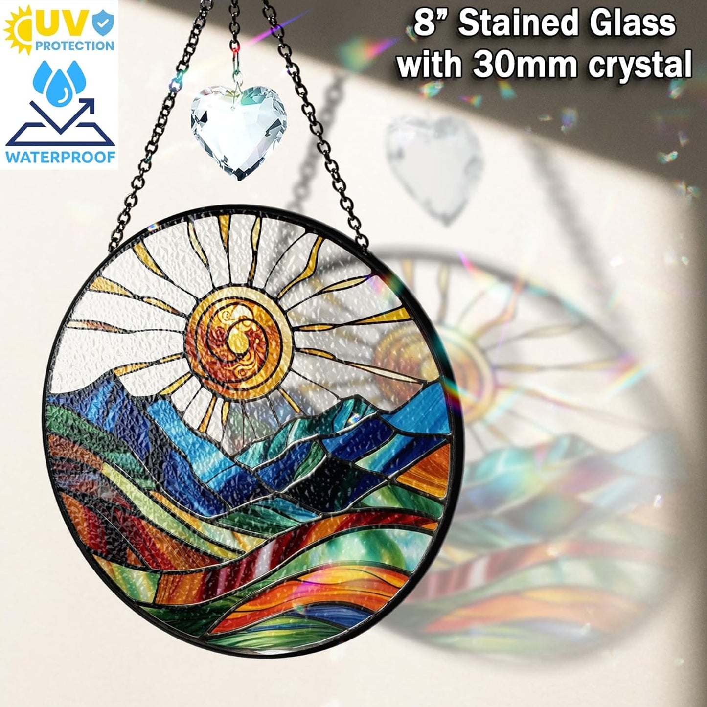 Sun Mountains Stained Glass, Suncatcher for Window Hanging, Suncatcher Art Decor for Home Garden Housewarming, Natural Scenery Gift for Mom, Grandma, Women, Friends, Couples