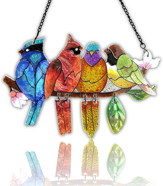 Stained Glass Window Hanging - Hummingbird on Branch Suncatcher Hand-Painted Double Side Stain