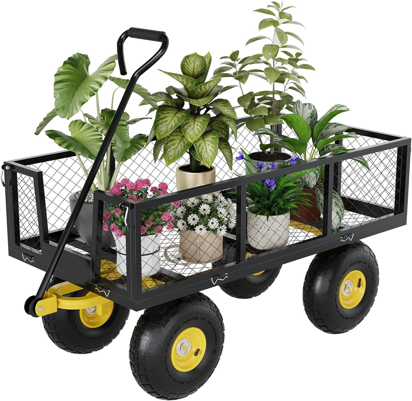 Metal Wagon - 900lbs Garden Cart with 10" Multi-Terrain Tires, 4 Removable Mesh Sides & 180° Swivel Handle, Yard Wagon Cart for Lawn, Yard, Patio Gardening