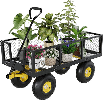 Metal Wagon - 900lbs Garden Cart with 10" Multi-Terrain Tires, 4 Removable Mesh Sides & 180° Swivel Handle, Yard Wagon Cart for Lawn, Yard, Patio Gardening