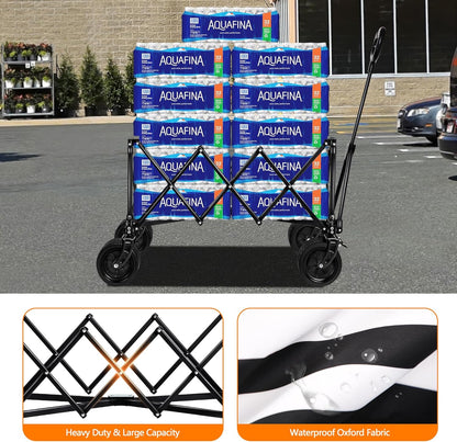 Wagons Carts Foldable with All-Terrain Big Wheels 400 LBS, Heavy Duty Collapsible Utility Wagon Cart, Folding Grocery Cart for Beach, Camping, Sports, Shopping, Garden and Fishing-Black Stripe