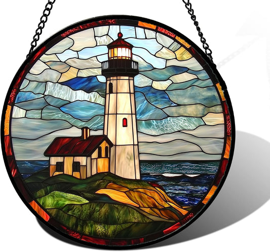 Stained Glass Window Hanging, Ocean Lighthouse Sun Catchers Glass Panel Blue Green Suncatcher Decor