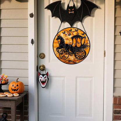 Stained Glass Window Hanging - Halloween Pumpkin Carriage Suncatcher for Doors Window Garden Indoor Spooky Funny Orange Sun Catchers Gothic Decor Horror Gifts for Women Men Friend 11.8 in