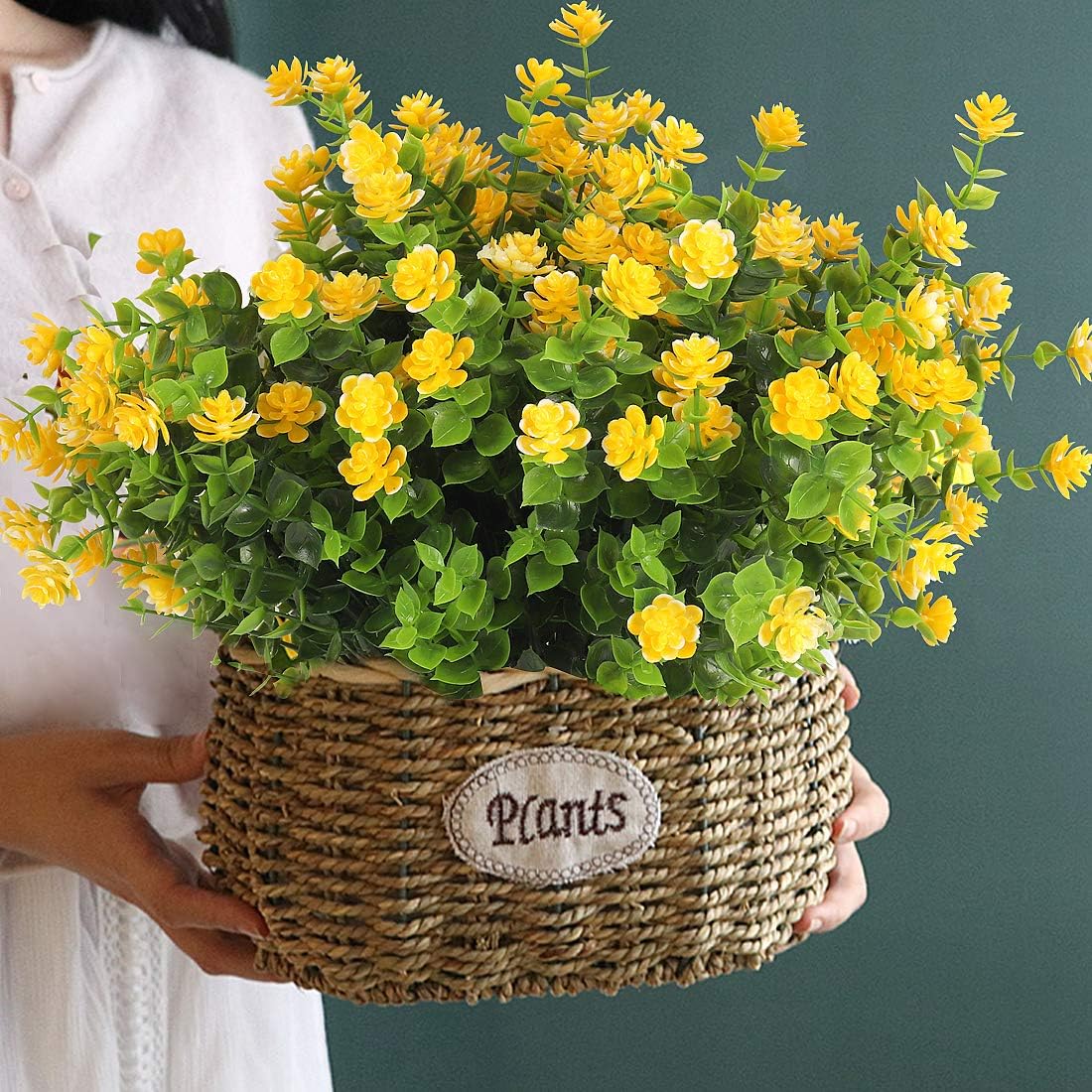 RECUTMS 8 Branches Artificial Flowers Faux Plants, Lifelike UV Resistant Fake Eucalyptus Plants for Garden, Patio Yard, Wedding, Office and Farmhouse Indoor Outdoor Decor (Yellow)