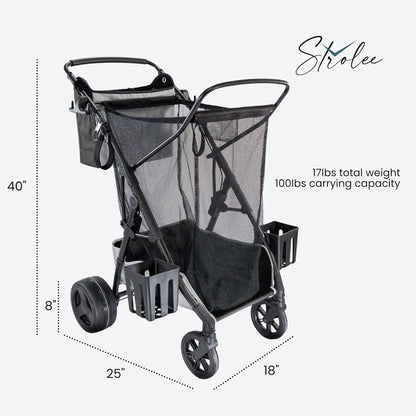 Strolee Large Wheeled Collapsible Beach Cart for Soft Sand, Shopping, Camping & Garden- Lightweight Aluminum Frame- Removable Storage Bag with Carrying Straps, X-L Capacity & Cooler Rack Dark Grey