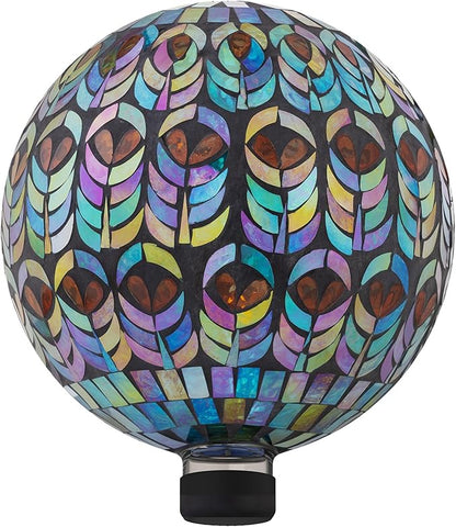Alpine Corporation 10" Diameter Indoor/Outdoor Glass Mosaic Gazing Globe Yard Decoration, Peacock Feather Design