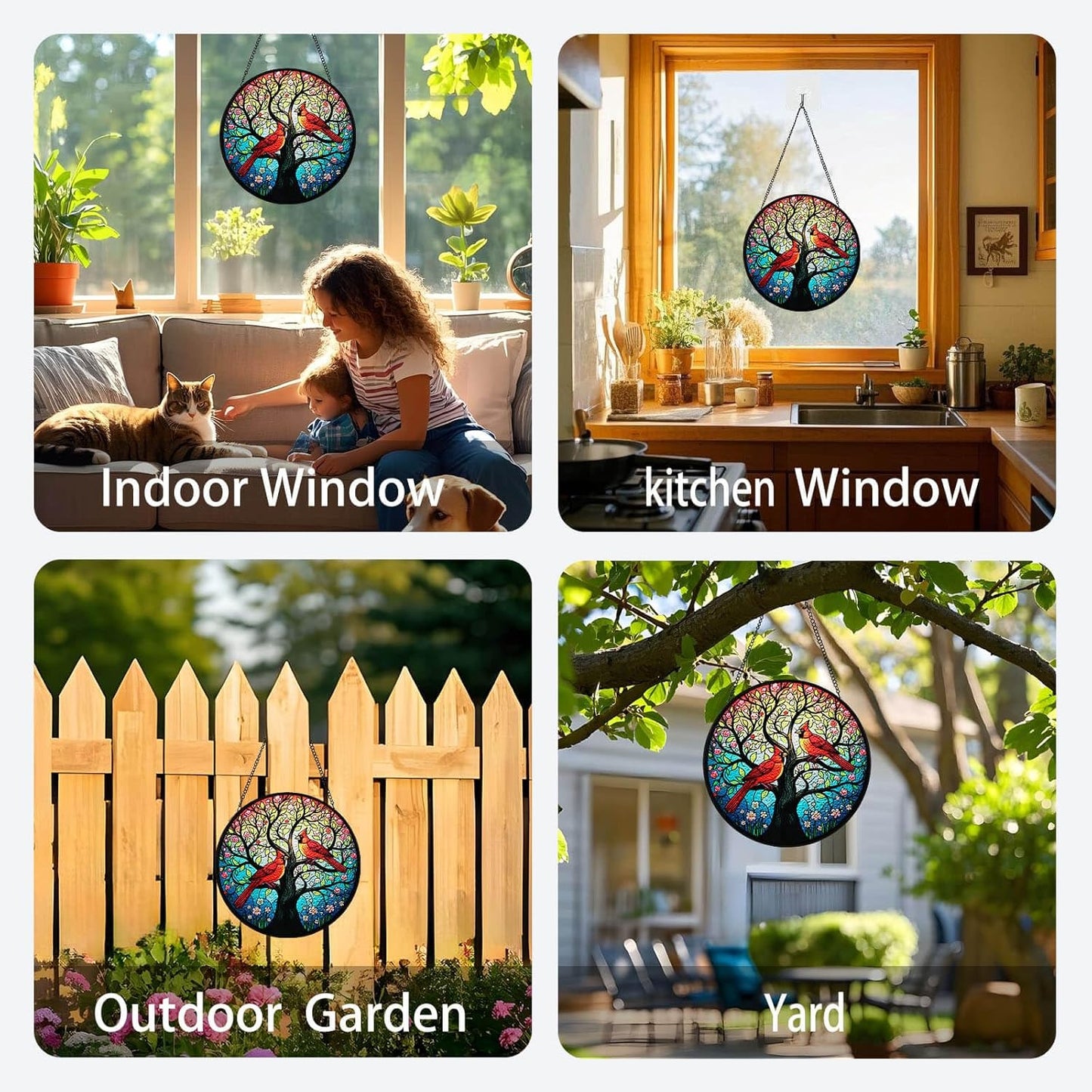 Sun Catcher Indoor Window with Tree of Life & Cardinals - 7.87" Round Stained Glass Suncatchers for Windows Hanging, Red Bird Stain Glass Art Panel for Wall/Garden Decor, Cardinal Gifts for Women