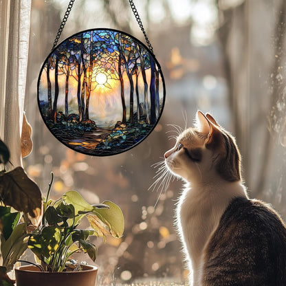 Stained Glass Window Hanging, Forest Sunrise Smoke Blue Brown Tree Suncatcher for Doors Window Home Landscape Sun Catchers Decor Mother's Day Birthday Gifts for Women, Men Mom 6.3 in