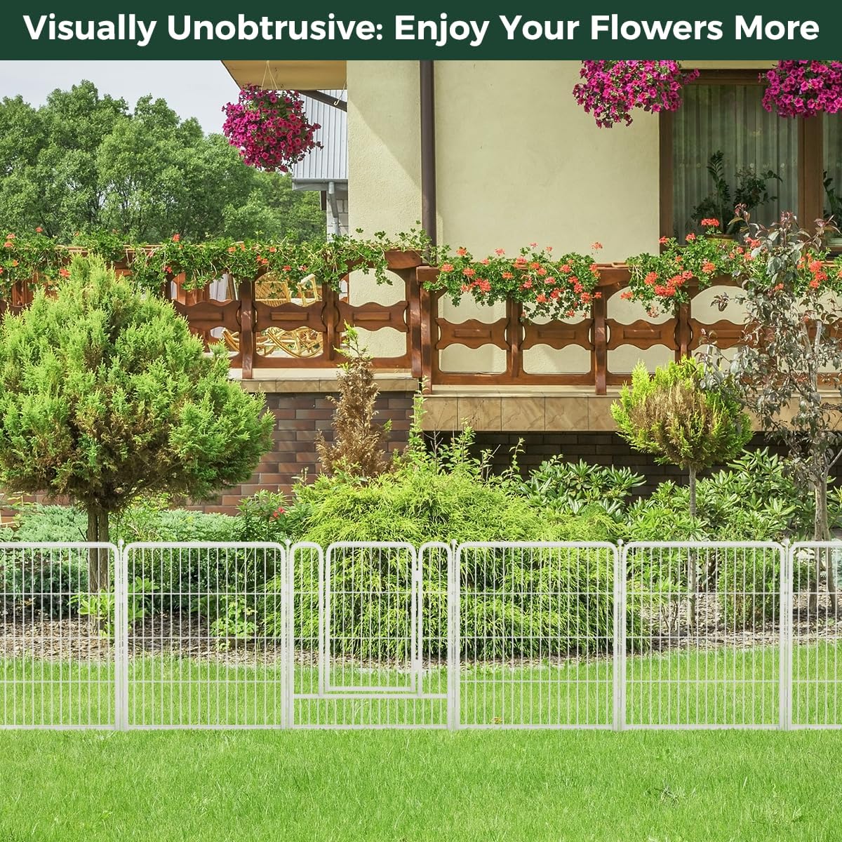 FXW Garden Fence Outdoor for The Yard – 32in(H) x 18.2ft(L) Heavy Duty Metal Animal Barrier for Dog and Rabbit, Decorative Dog Fence, 8 Panels, White