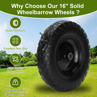 Upgraded 16" Flat Free Wheelbarrow Wheels and Tires, 4.80/4.00-8 Solid Wheelbarrow Tires with 5/8"&3/4" Bearings,14"-16" Universal Fit Wheelbarrow Wheels for Wheelbarrows/Garden Trailer