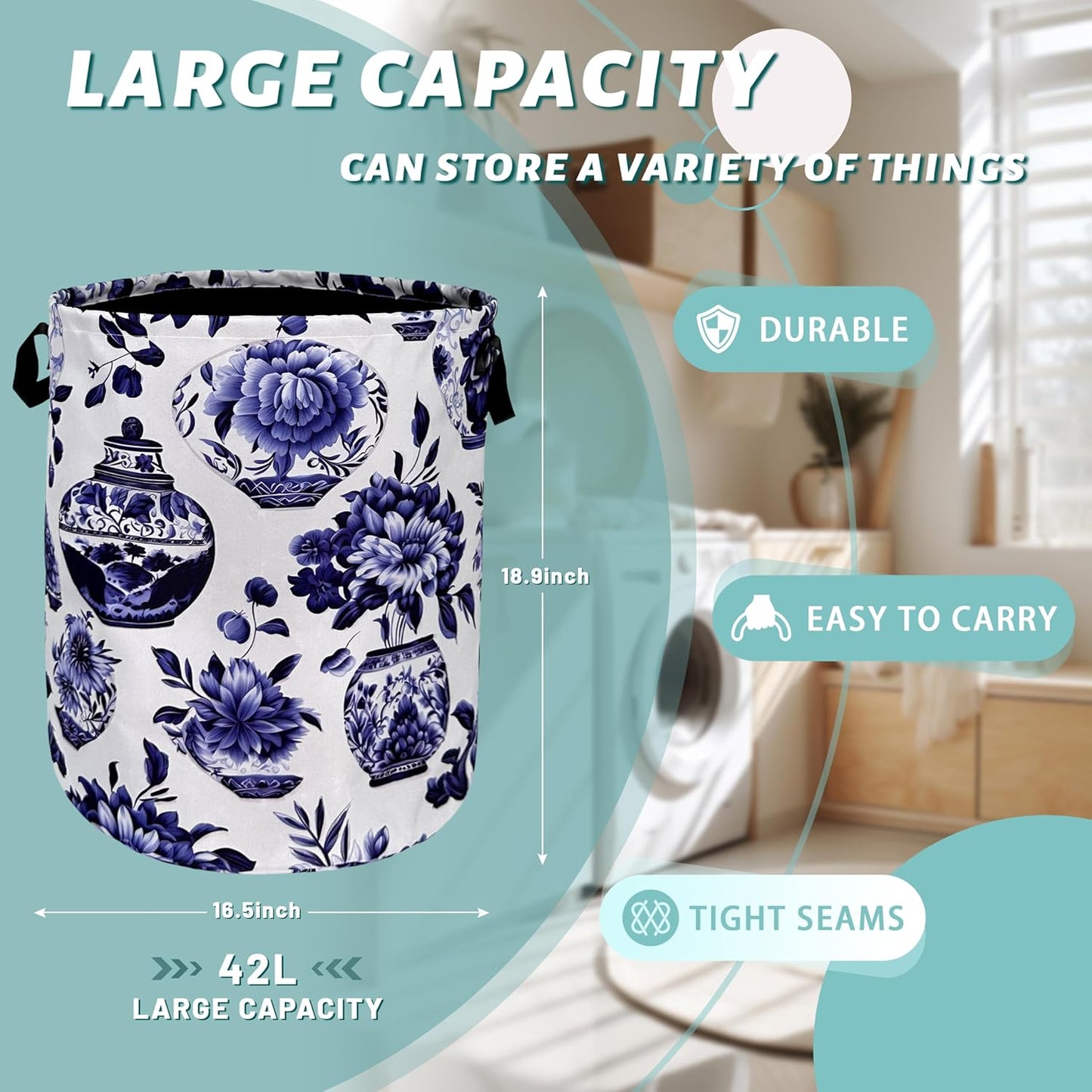 Blue White Floral Laundry Basket Foldable With Handles Vase Flower Tote Bag Oxford Cloth Color Laundry Hamper Clothes Storage Bucket Toy Organizer For Bathroom/Laundry/Bedroom 18.9"x16.5 "