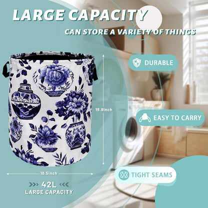 Blue White Floral Laundry Basket Foldable With Handles Vase Flower Tote Bag Oxford Cloth Color Laundry Hamper Clothes Storage Bucket Toy Organizer For Bathroom/Laundry/Bedroom 18.9"x16.5 "