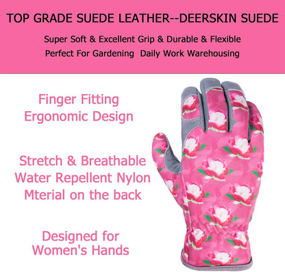 SKYDEER Premium Genuine Deerskin Suede Women's Gardening Gloves, Ultra-Soft Padded, Comfort Fit for Work (SD6612/M)