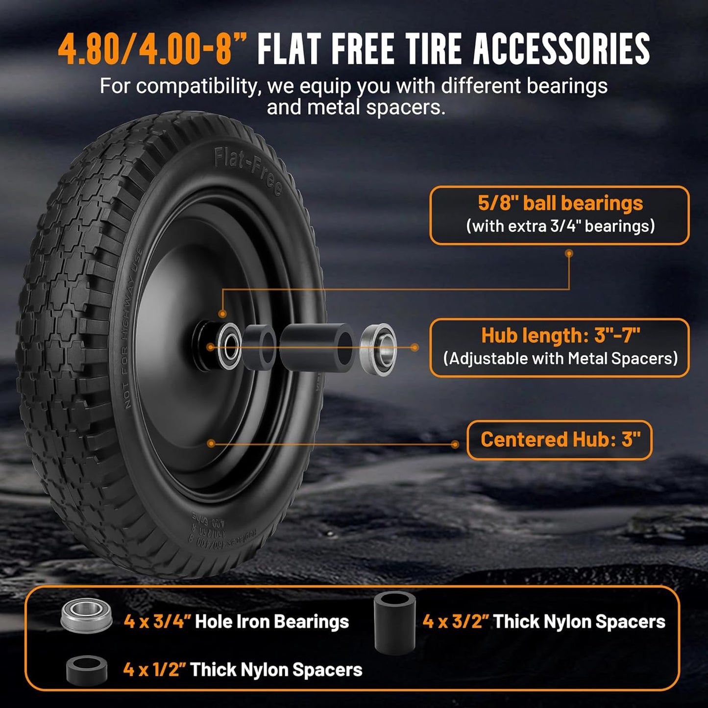 Wheelbarrow Tire 4.80/4.00-8 Flat-Free Tire and Wheel 14.5" Solid Wheelbarrow Tires with 3"-7" Centered Hub and 5/8" & 3/4" Bearings for Hand Truck, Trolley, Garden Cart, Wagons (2 Pack)