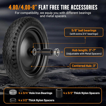 Wheelbarrow Tire 4.80/4.00-8 Flat-Free Tire and Wheel 14.5" Solid Wheelbarrow Tires with 3"-7" Centered Hub and 5/8" & 3/4" Bearings for Hand Truck, Trolley, Garden Cart, Wagons (2 Pack)