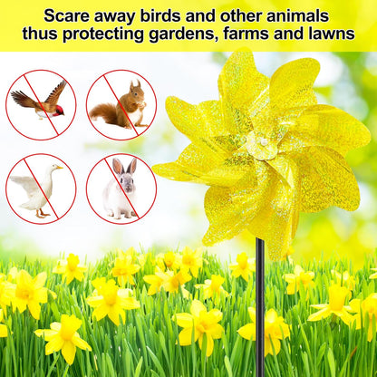 10 Packs Pinwheels Gold Reflective Wind Spinner Garden Pinwheel Sparkly Windmills Scare Birds Animal Away Wind Spinners for Yard and Garden Decor