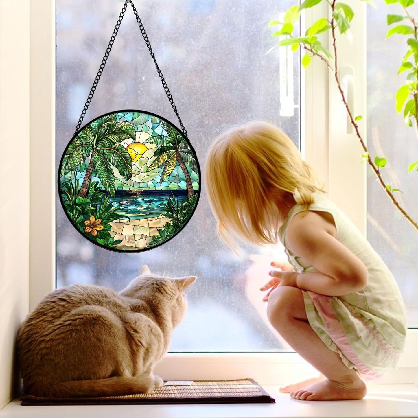 Stained Glass Window Hanging, Green Beach Scenery Suncatcher Diamond Glass Panel Hangings Sun Catchers Decor for Birthday for Women, Men, Wife, Aunt, and Mom 6.3 in