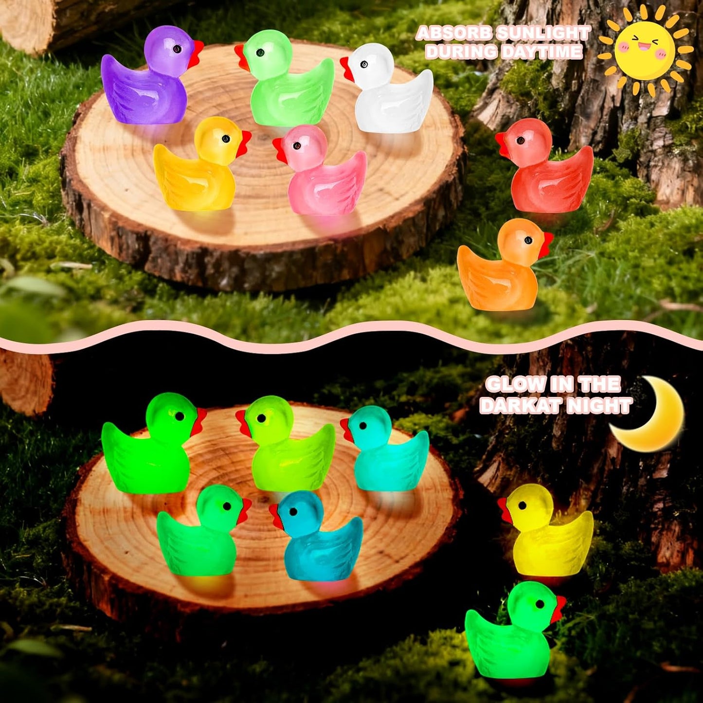 280 pcs Luminous Mini Resin Ducks, Glow in The Dark Tiny Ducks Figures to Hide, Bulk Plastic Duck Miniature for Dollhouse Micro Landscape Aquarium Potted Cake Decor DIY Craft Gifts Party Favors