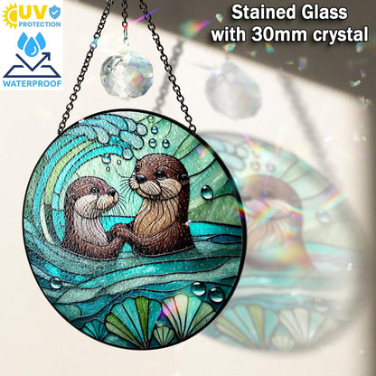 7.8" Otter Couple Stained Glass, Otter Lover Gift Suncatcher, Gifts for Couple Him Her Girlfriend Wife Husband, Valentine's Day Birthday, Window Hanging Home Decor ANI-10A-SG8