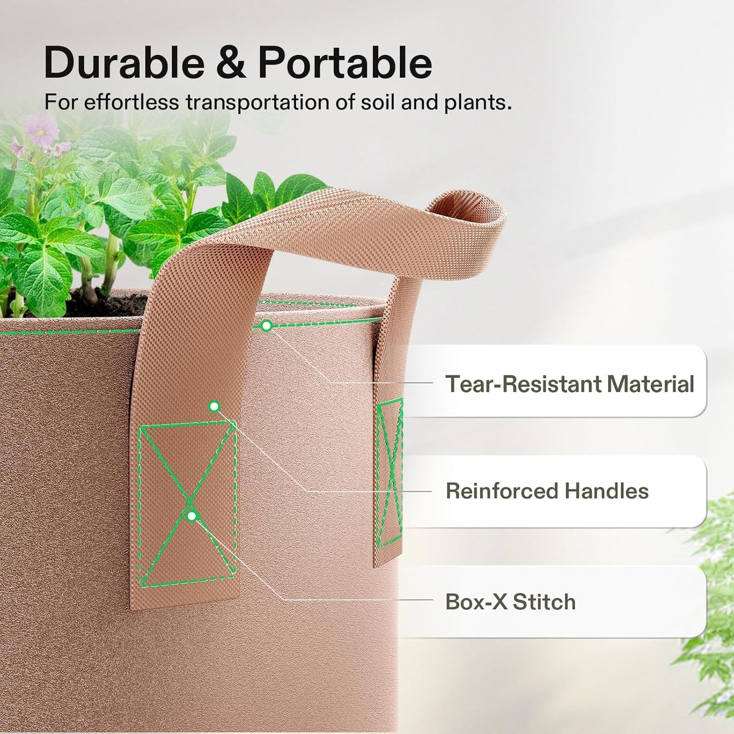 VIVOSUN 5-Pack 25 Gallons Grow Bags Heavy Duty Thickened Nonwoven Fabric Pots with Strap Handles Tan