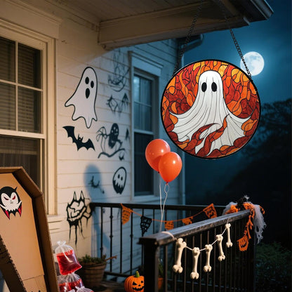 Stained Glass Window Hanging - Halloween Decorations White Ghost Orange Sky Suncatcher for Doors Garden Funny Spooky Sun Catchers Gothic Decor Horror Gifts for Women Men Friend Boy 6.3 in