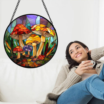 Stained Glass Window Hanging, Jungle Mushrooms Sun Catchers Diamond Glass Panel Hangings Plant Suncatcher Decor for Birthday for Women, Men, Wife, Aunt, and Mom 14.9x14.9 in