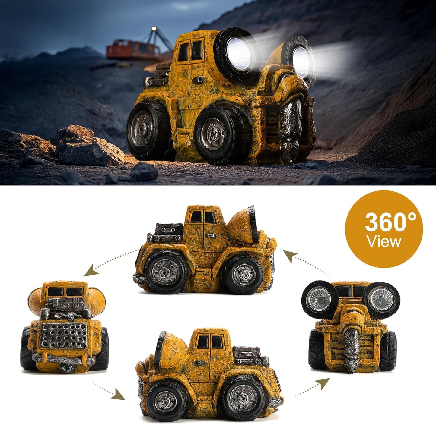 Garden Statue Outdoor Construction Vehicle Decor with Solar Light Decoration for Yard Patio Lawn Vintage Engineering Decor Gifts for Women