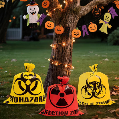CNhoqc Halloween Lawn Trash Bags - 12Pcs Zombie Warning Reusable Waste Bags with Twist Ties, Fallen Leaf Grass Clipping Trash Container, Heavy-Duty Plastic for Biohazard Parties Outdoor Decorations