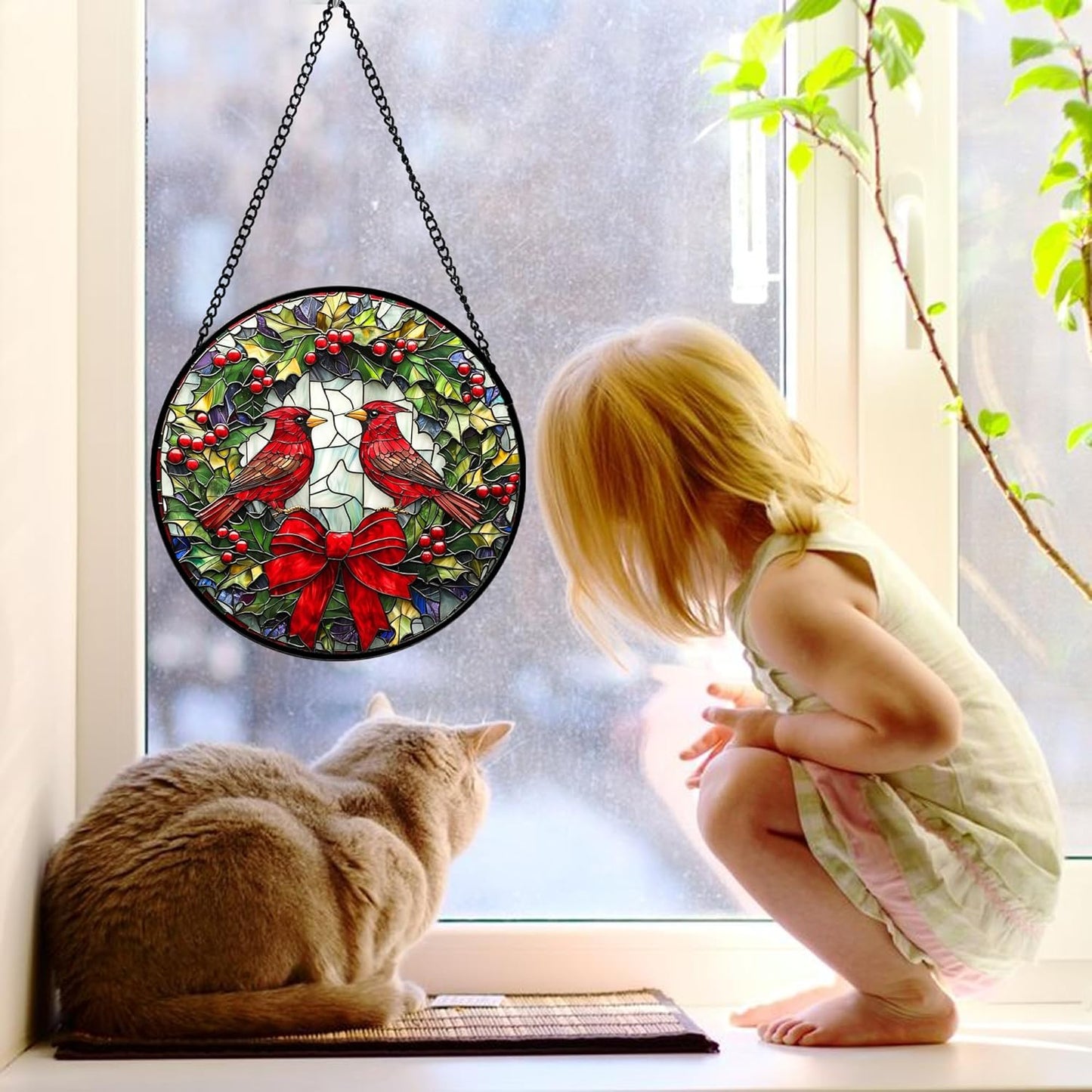 Stained Glass Window Hanging - Cardinals Green Wreath Suncatcher for Doors Home Christmas Decoration Red Bird Sun Catcher Thanksgiving New Year Birthday Gift for Women Men Mom Nana 11.8 in
