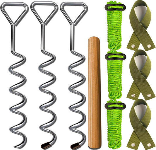Heavy Duty Tree Stake Set - 16" Straightening Kit Spiral Metal Stakes & Double-Layer Straps Bold Antirust Tree Supports &Fast Rotating Rod Tent Anchoring Stakes