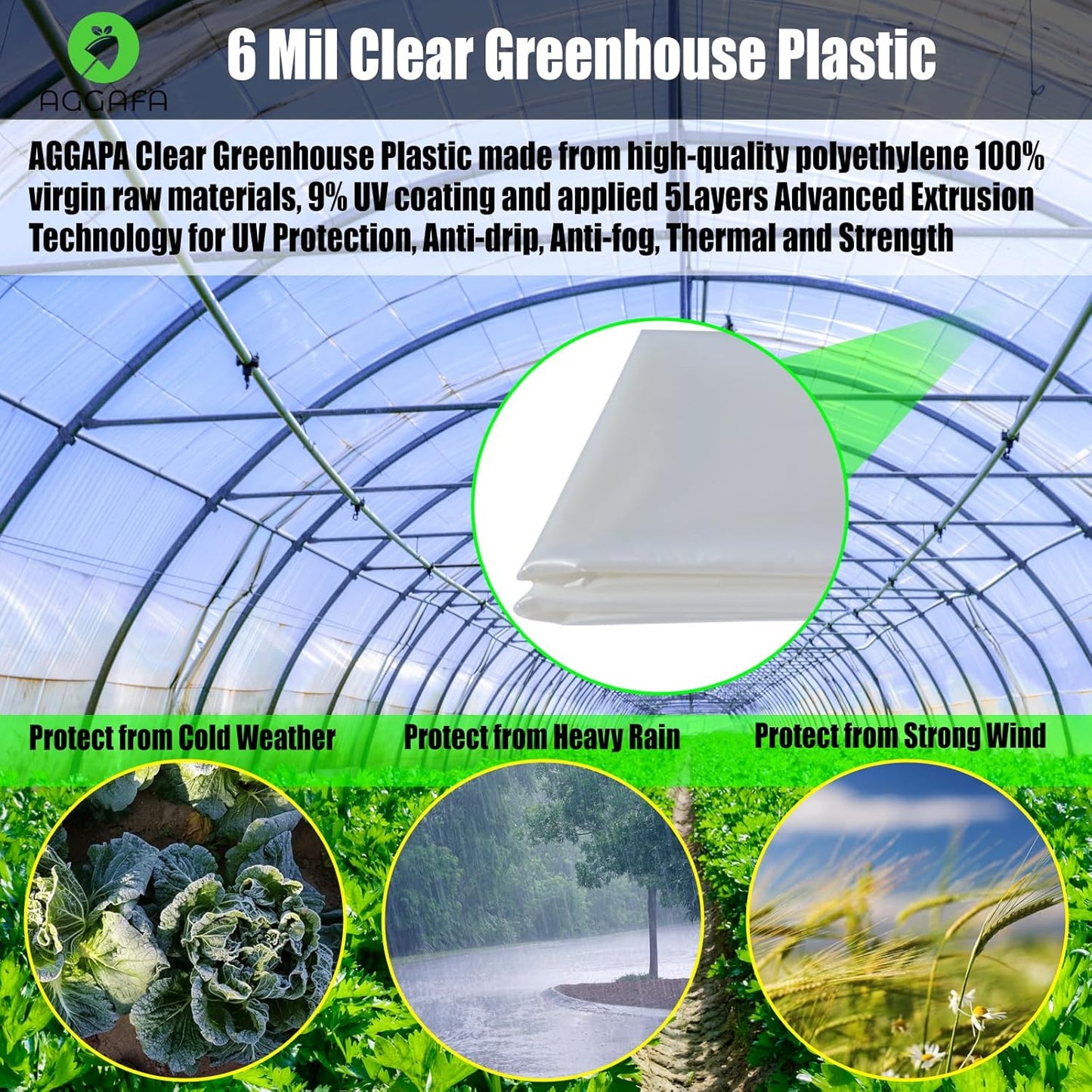 6 mil (8ft x 25ft) 100% Virgin Material. 5Layers Advanced Extrusion Technology for UV Protection, Anti-drip, Anti-Fog, Thermal and Strength. 4Years Lifetime UV Resistant Greenhouse Plastic