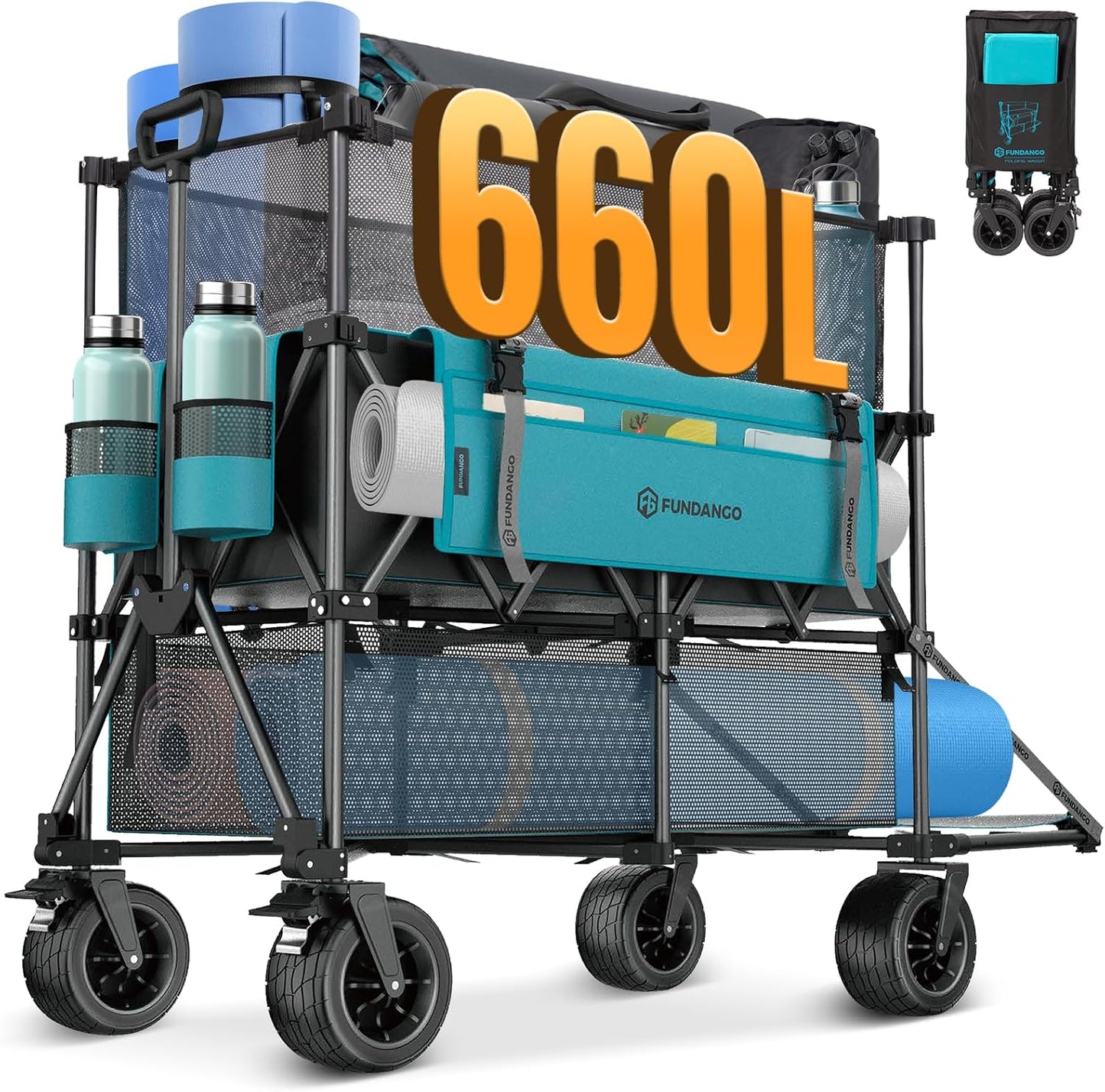 FUNDANGO Double Decker Wagon – 3 Layer 660L Extra High Extender Collapsible Wagons Carts Foldable Heavy Duty with Tailgate, Brakes & All-Terrain Big Wheels for Sports, Camping, Grocery Shopping, Blue