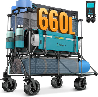 FUNDANGO Double Decker Wagon – 3 Layer 660L Extra High Extender Collapsible Wagons Carts Foldable Heavy Duty with Tailgate, Brakes & All-Terrain Big Wheels for Sports, Camping, Grocery Shopping, Blue