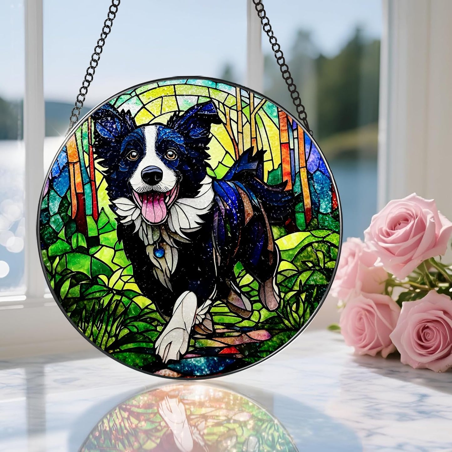 8″ Stained Glass Window Hanging Ornament, Border Collie Stained Glass Suncatcher Ornament, Sun-Catcher Window Decor | Gifts for Dog Lovers, Dog Lover Gift, Pet Lover Gift