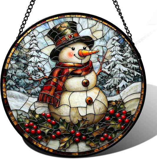 Stained Glass Window Hanging - Christmas Snowman Suncatcher for Door Terrace Garden Home Decor Winter Forest Snow Sun Catcher Birthday Gifts for Lovers Women Men Dad Mom Nana 6.3 in