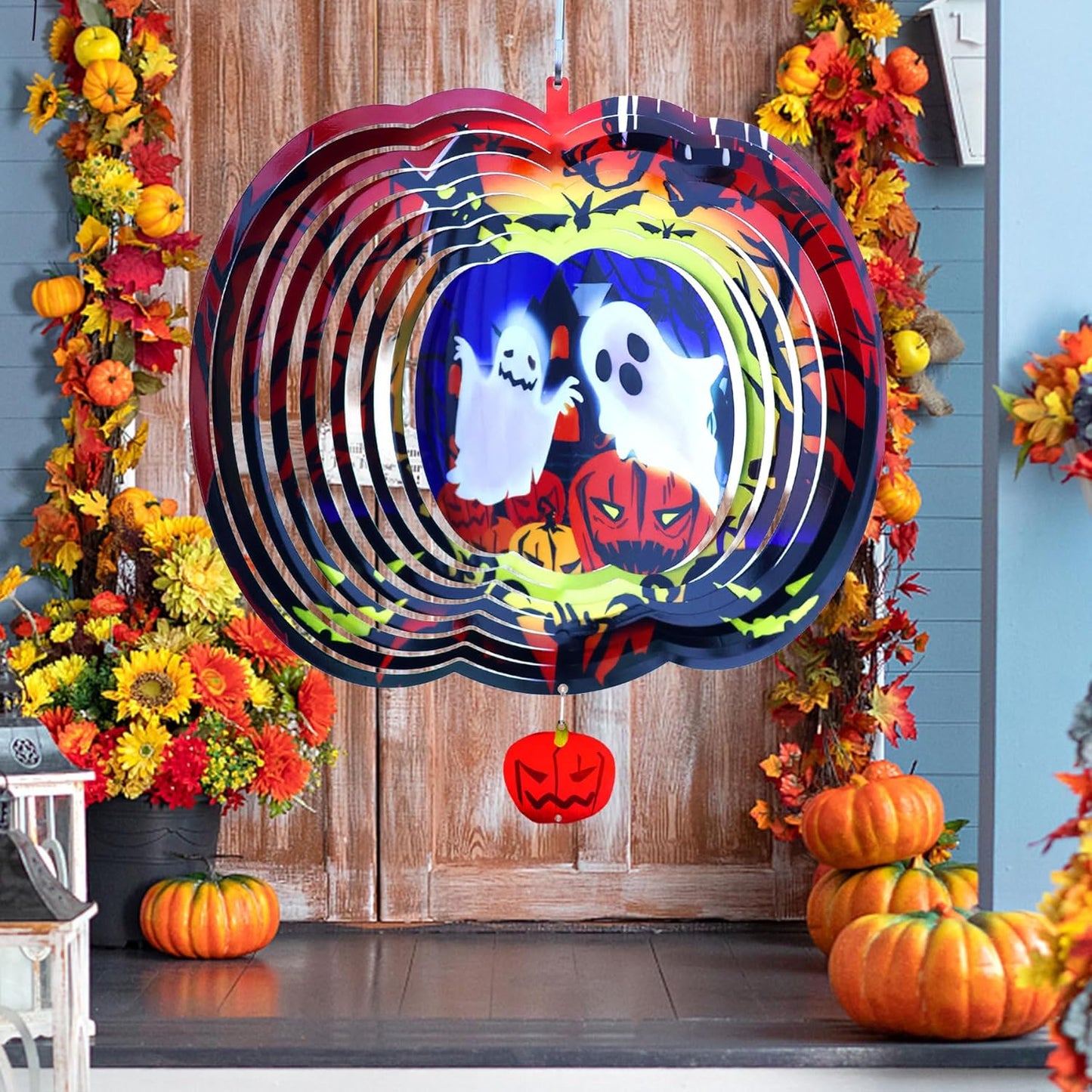Halloween Pumpkin Wind Spinner - Outdoor Metal Decor with Spinning Ghosts & Bats, 3D Spooky Garden Art Ornaments Decorations for Halloween Party, Patio and Porch Gift 12 Inch
