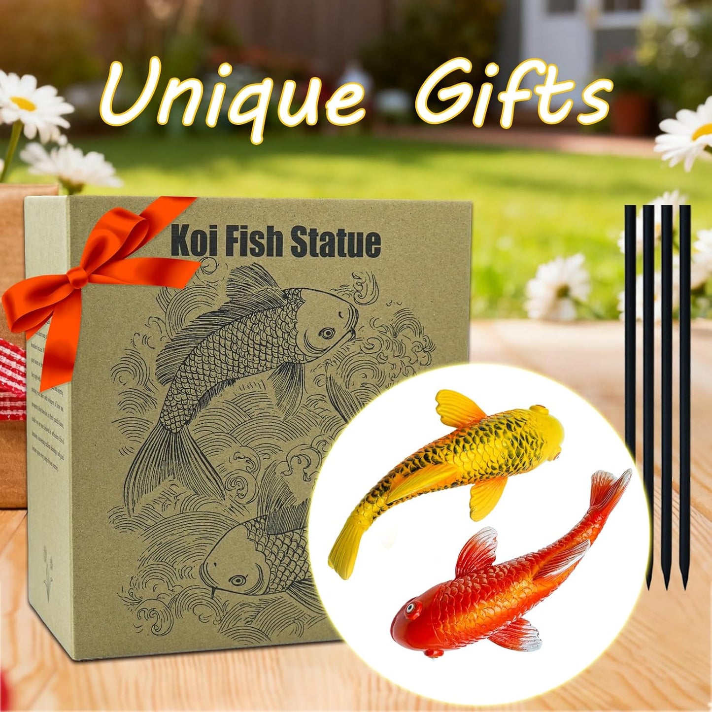 Set of 2 Koi Fish Garden Stakes, Red & Gold Resin Sculptures, Weatherproof Outdoor Patio Pond Decor, Feng Shui Yard Art, Easy Setup Gift(B&Y)