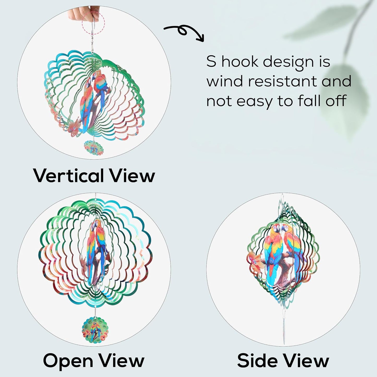 Parrot Ornaments, 12 Inches 3D Aluminum Metal Hanging Wind Spinners, for Garden Decor That Spins with The Help of Wind Energy.