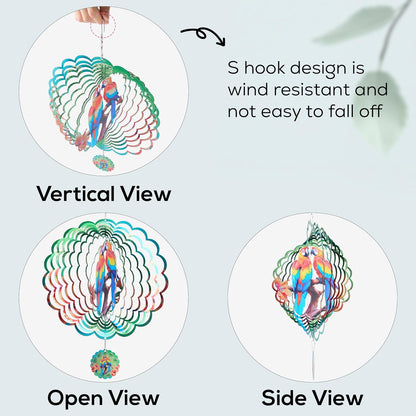 Parrot Ornaments, 12 Inches 3D Aluminum Metal Hanging Wind Spinners, for Garden Decor That Spins with The Help of Wind Energy.