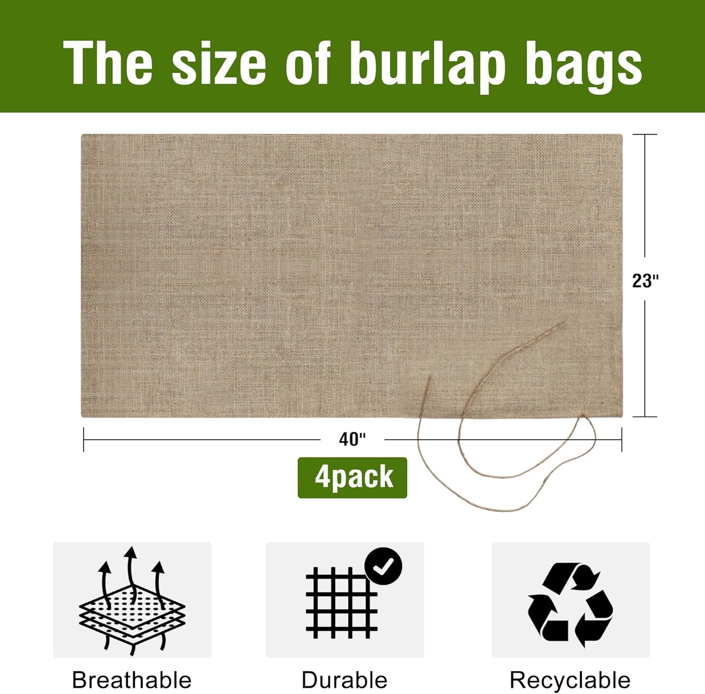 Agfabric Burlap Sacks, 4 Pack 23"×40" Burlap Storage Bag with Strings, Reusable Potato Storage Bag for Food Storage Plant Gardening Planting, Food Grade, Set of 4