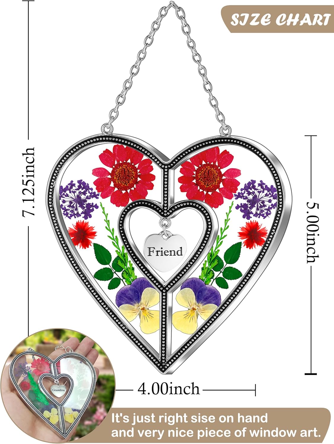 KY&BOSAM Heart Suncatcher Friend Stained Glass Hangings for Windows Real Flower Glass & Metal Maker Sun Catchers Birthday Gifts for Frined Home Party Backyard Indoor Outdoor Decor Christmas Ornament