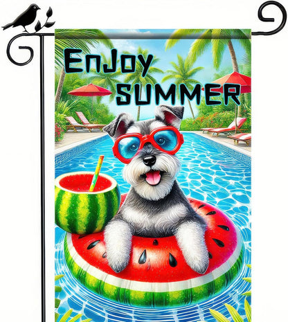 Enjoy Summer Garden Flag Schnauzer Dog 12X18 Inch Print Double Sided Cute Puppy Decorative Yard Flag Banner Poolside Patio Decor Banner Outside Seasonal Holiday Outdoor Decoration